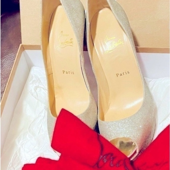 Christian Louboutin Lady Peep 150mm 1" Plat, Champaign Glitter wrapped Lthr EU40 - Picture 9 of 13